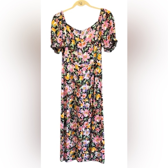 Amisu Floral Puff Sleeve Midi Dress - Pink, Yellow, Green - Picture 3 of 7